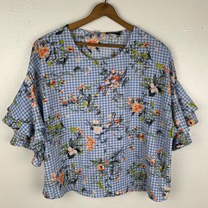 Cocomo Gingham Floral Ruffle Sleeve Blouse